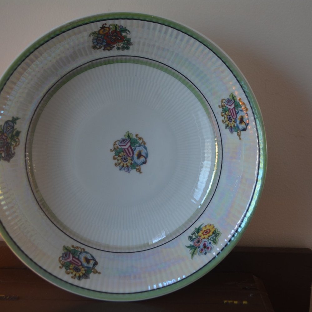 Antique Bavaria Germany LusterWare 9" Serving Bowl Green Floral Flowers Decor - Picture 9 of 9